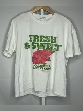 Zara White Short Sleeve Tee with Green Text & Pink Floral Graphic
